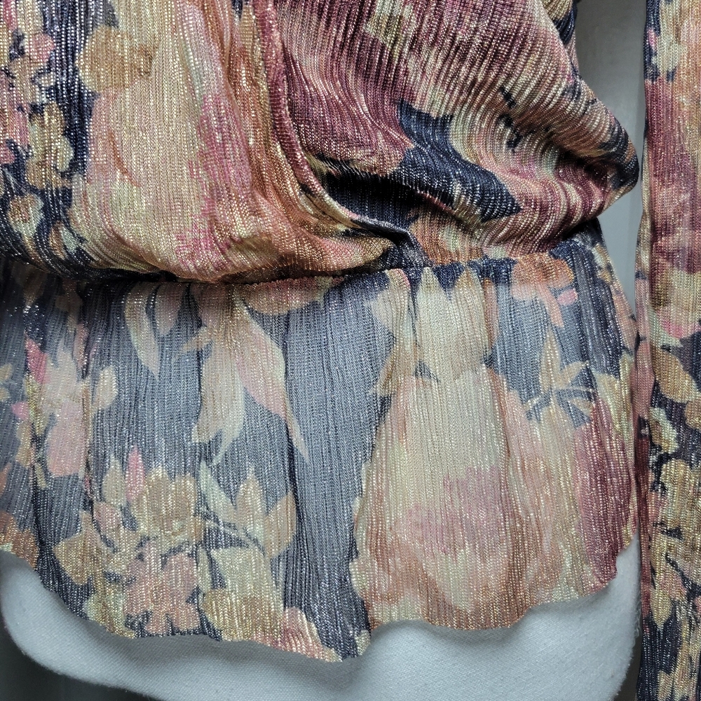 SALE NWT Brannan Metallic Floral Peplum Blouse Long Sheer Sleeve Tie Back M - Picture 8 of 13